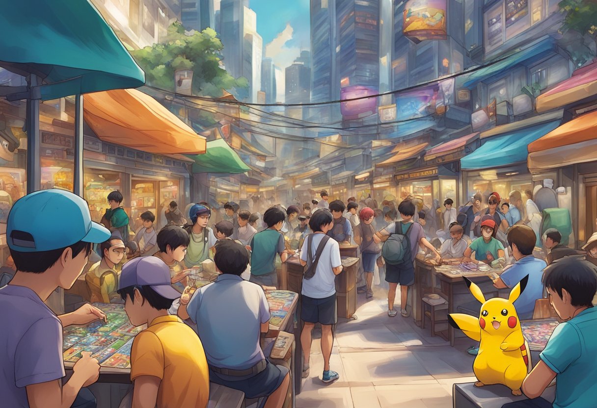 A vibrant Pokémon gaming and trading card scene with players eagerly trading and battling their cards in a bustling Singapore setting