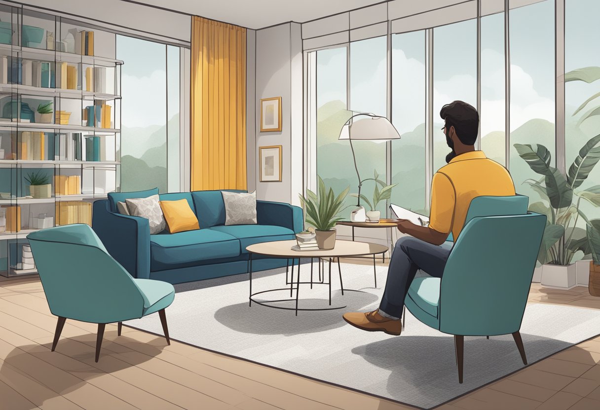 A client browsing through portfolios of interior design firms, pointing to their preferred styles and concepts