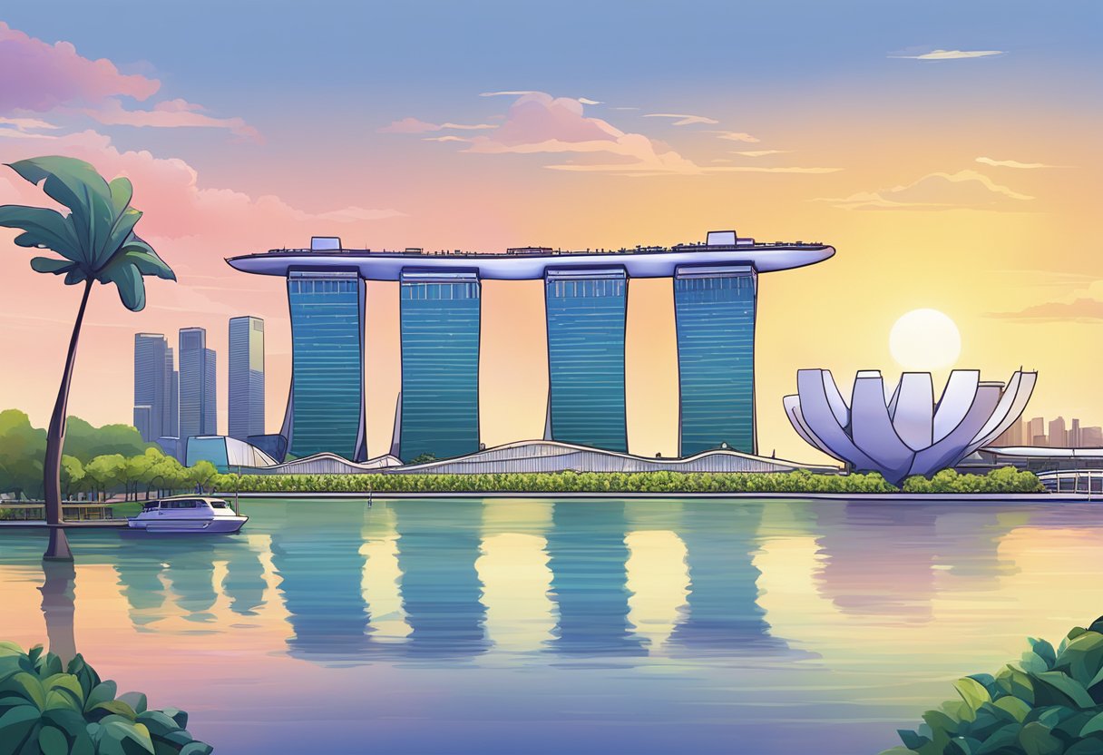 The vibrant cityscape of Singapore's Marina Bay with the iconic Marina Bay Sands and the futuristic Gardens by the Bay, overlooking the calm waters of the Singapore River