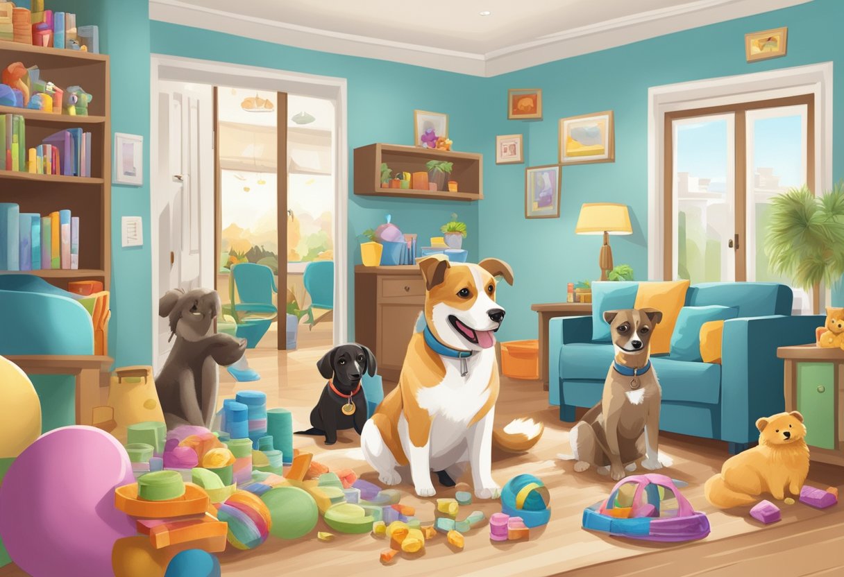 A happy dog jumps into a welcoming family's home, surrounded by toys and treats. A sign reads "Understanding Pet Adoption in Singapore."