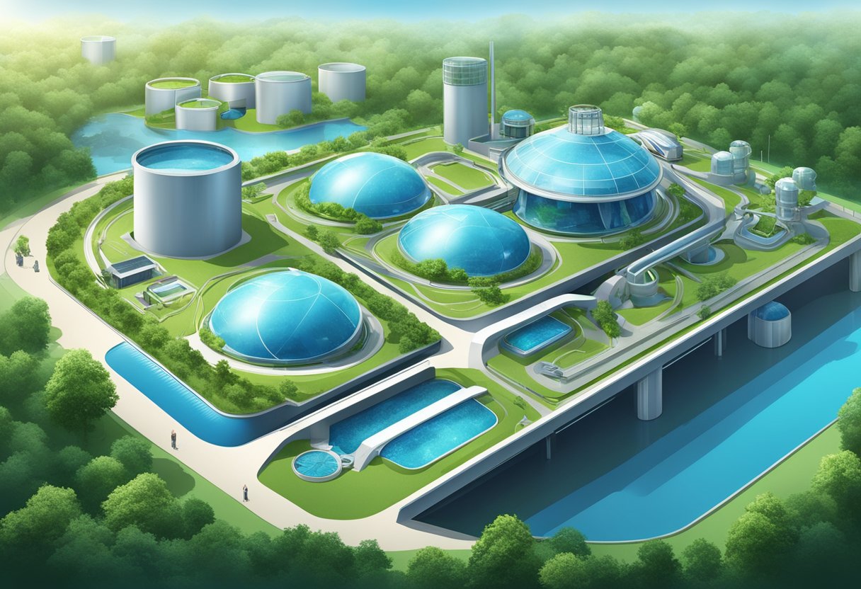 A futuristic water reclamation plant with advanced technology and sleek design, surrounded by lush greenery and clear blue skies in Singapore
