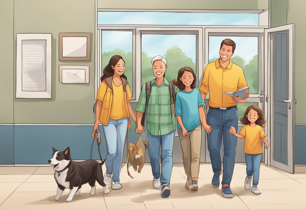 A family joyfully signing adoption papers at a shelter, then happily walking their new pet home