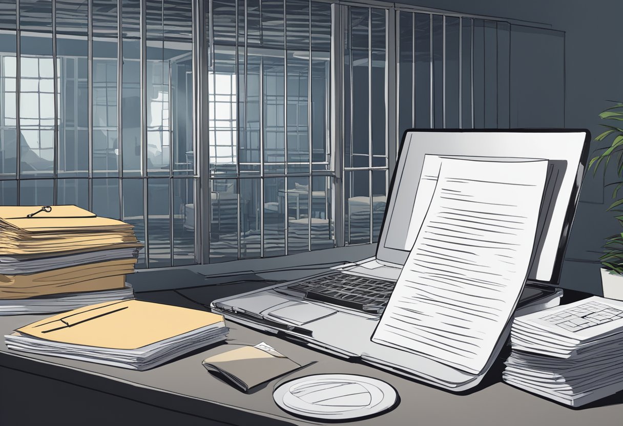 The Singapore prison e-letter is being typed on a computer, with a stack of papers and a pen nearby. The room is dimly lit, with a small window letting in a sliver of light