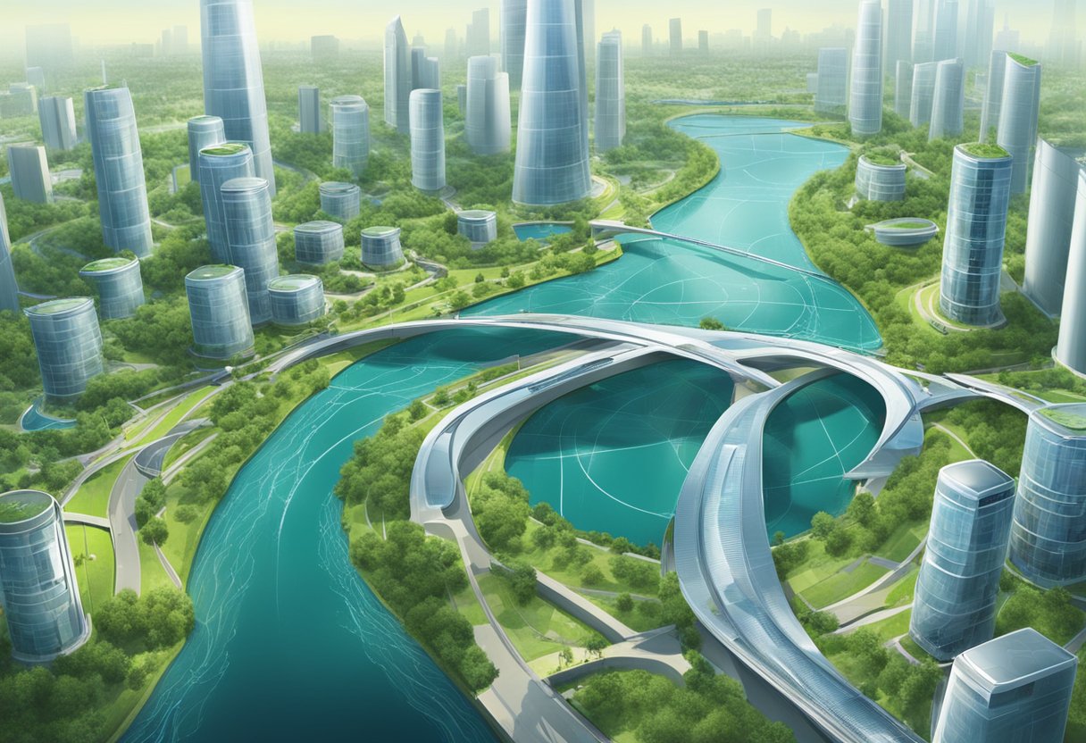 A futuristic cityscape with advanced water infrastructure, green spaces, and efficient water management systems