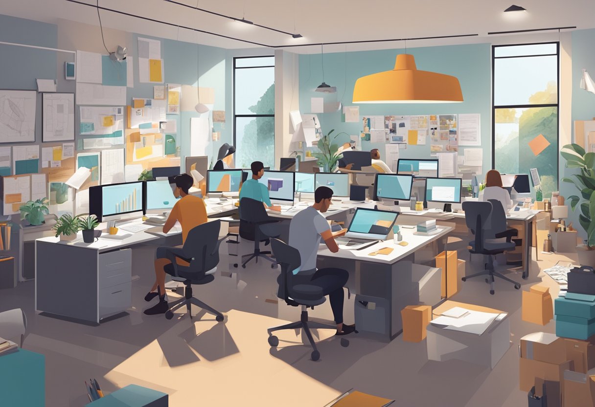A busy office with designers at work, drafting tables, computer screens, mood boards, and samples scattered around the room