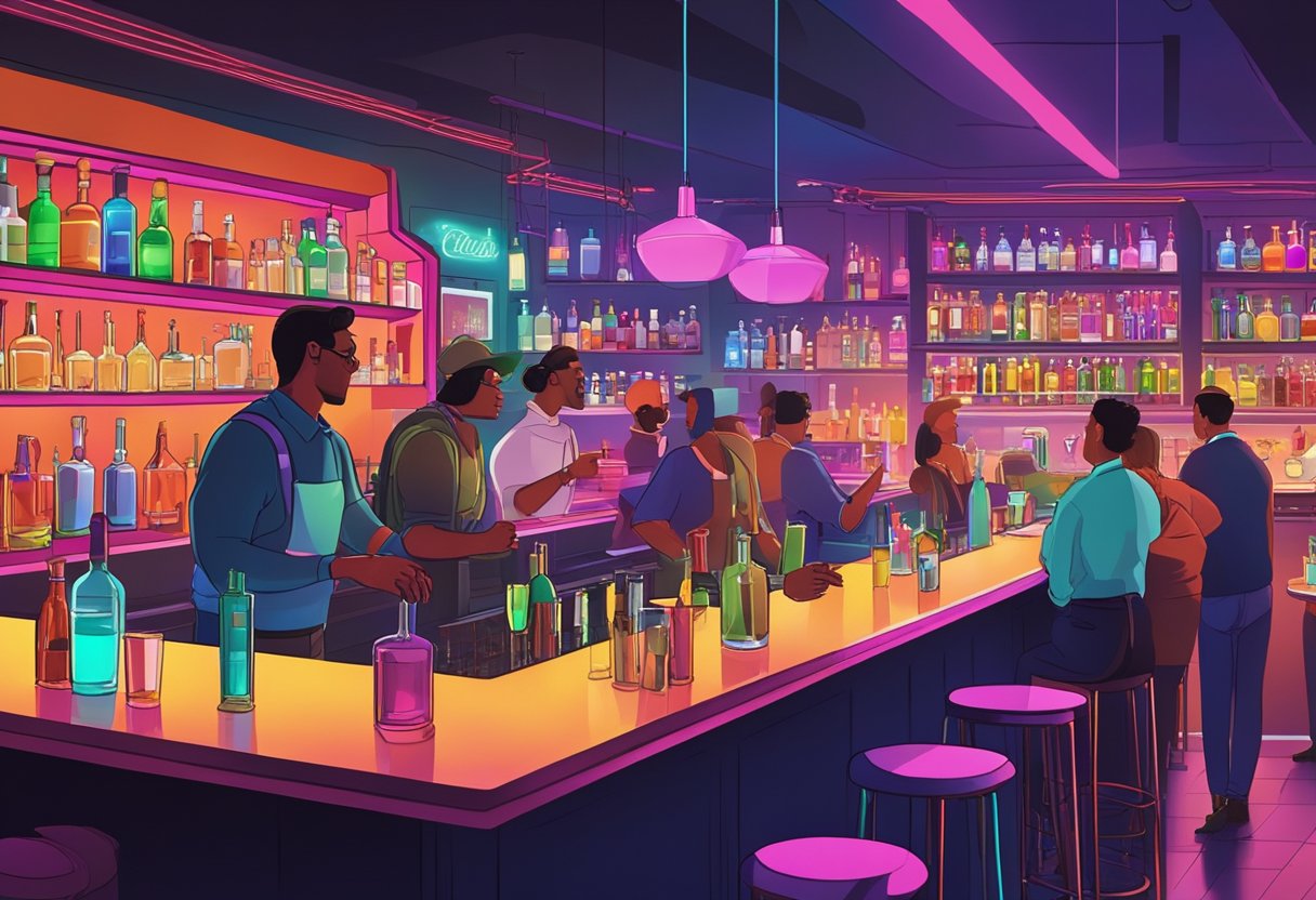 A bustling bar with neon signs, sleek countertops, and a variety of colorful cocktails on display. Customers chat and laugh as bartenders mix drinks