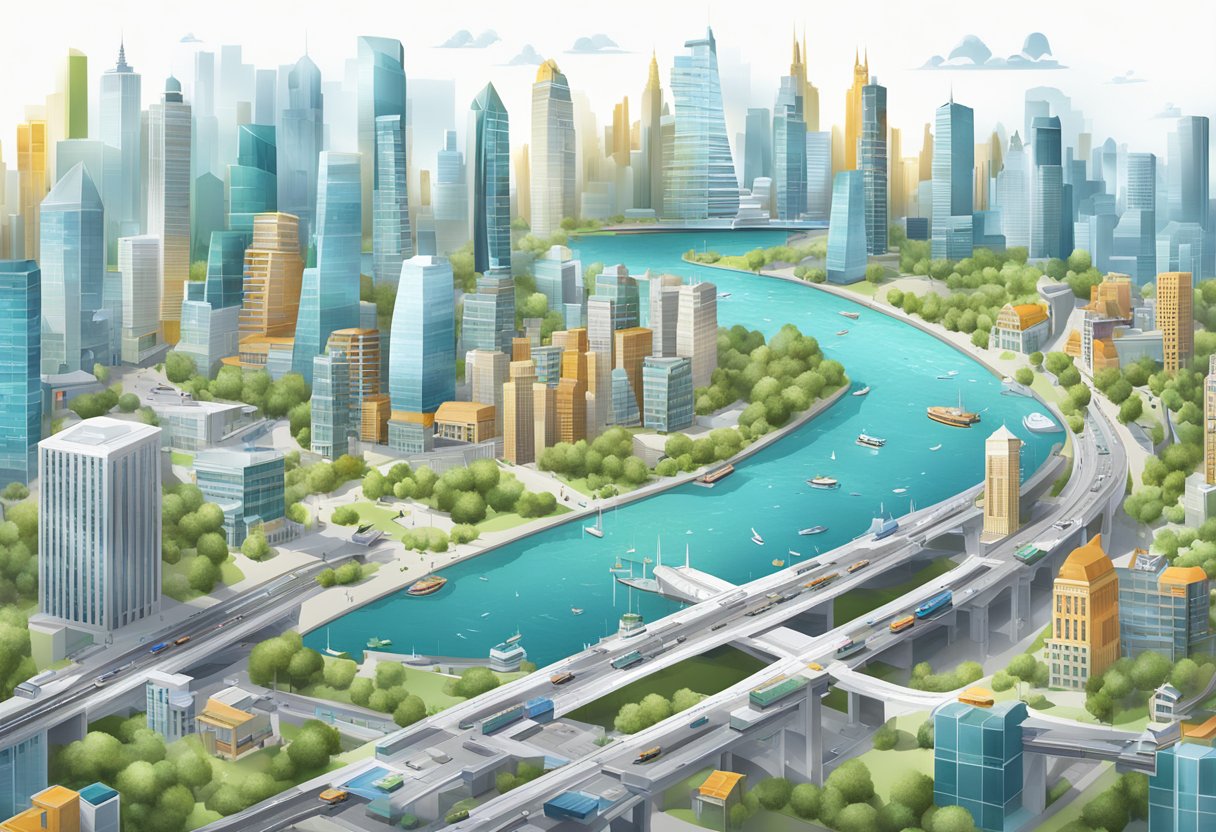 A bustling cityscape with iconic landmarks and a modern skyline, with a clear focus on water infrastructure and sustainability initiatives