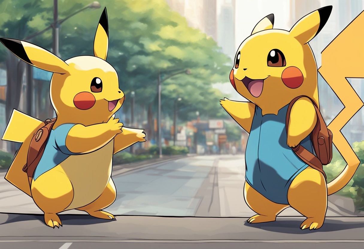 A Pikachu and a Charmander stand in front of a sign that reads "Frequently Asked Questions pokemon singapore." The two Pokemon appear to be engaged in conversation, with Pikachu gesturing towards the sign