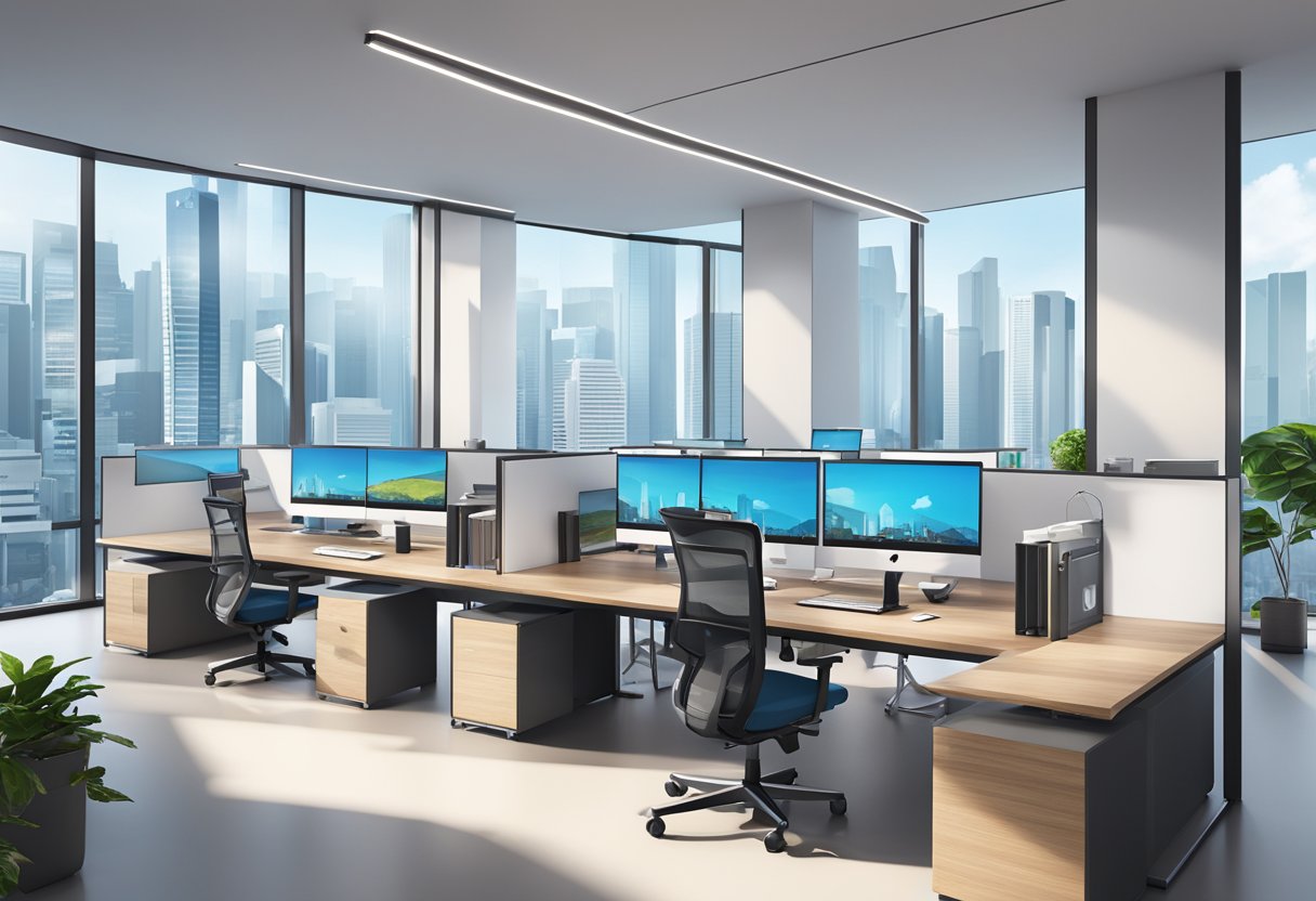 Ubisoft Singapore: A modern office with sleek, minimalist design. High-tech workstations and large windows overlooking the city skyline