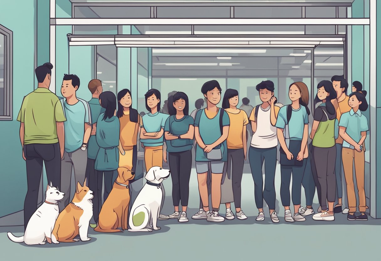 A group of people standing in line with their pets, waiting to inquire about pet adoption at a Singapore animal shelter