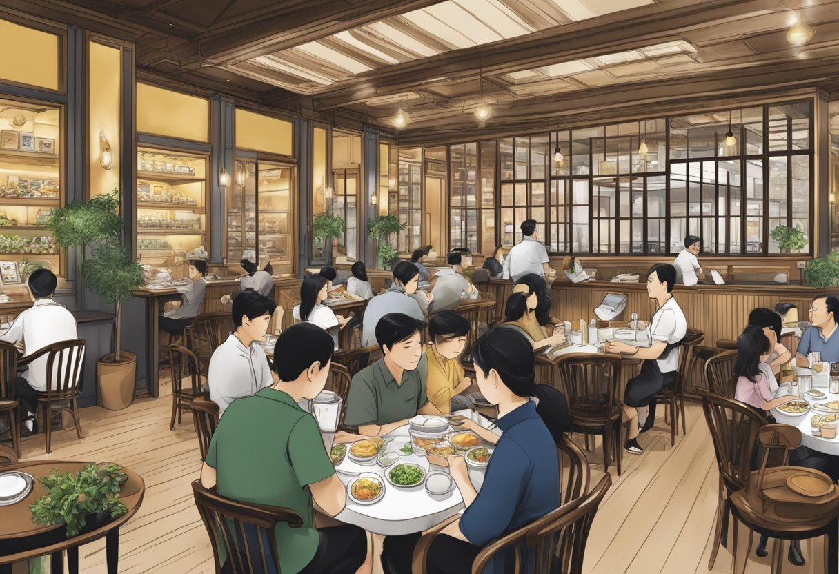A bustling restaurant with customers at tables, a menu board, and staff serving food at Papparich Singapore