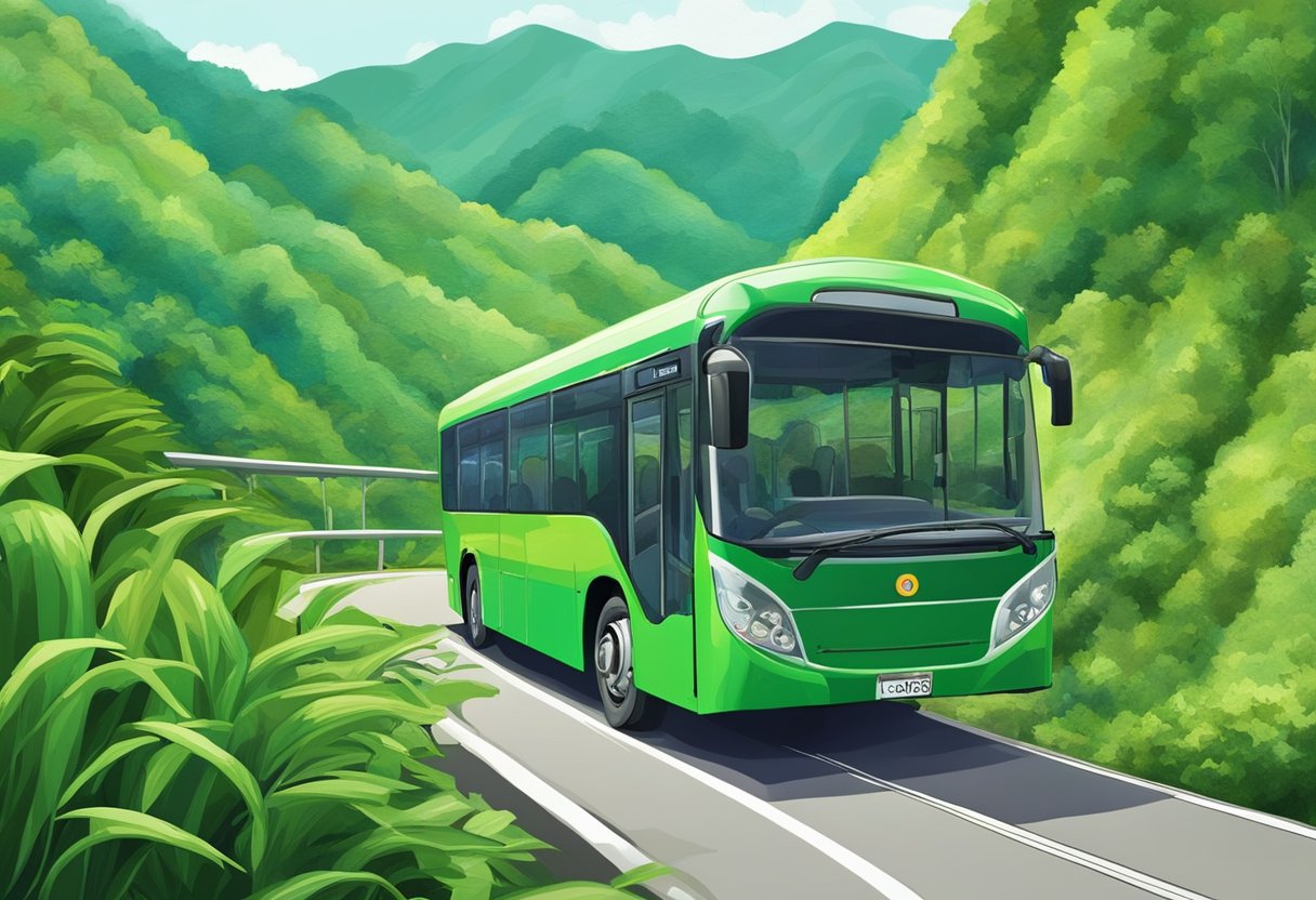 A bus winds through lush, green mountains from Singapore to Cameron Highlands