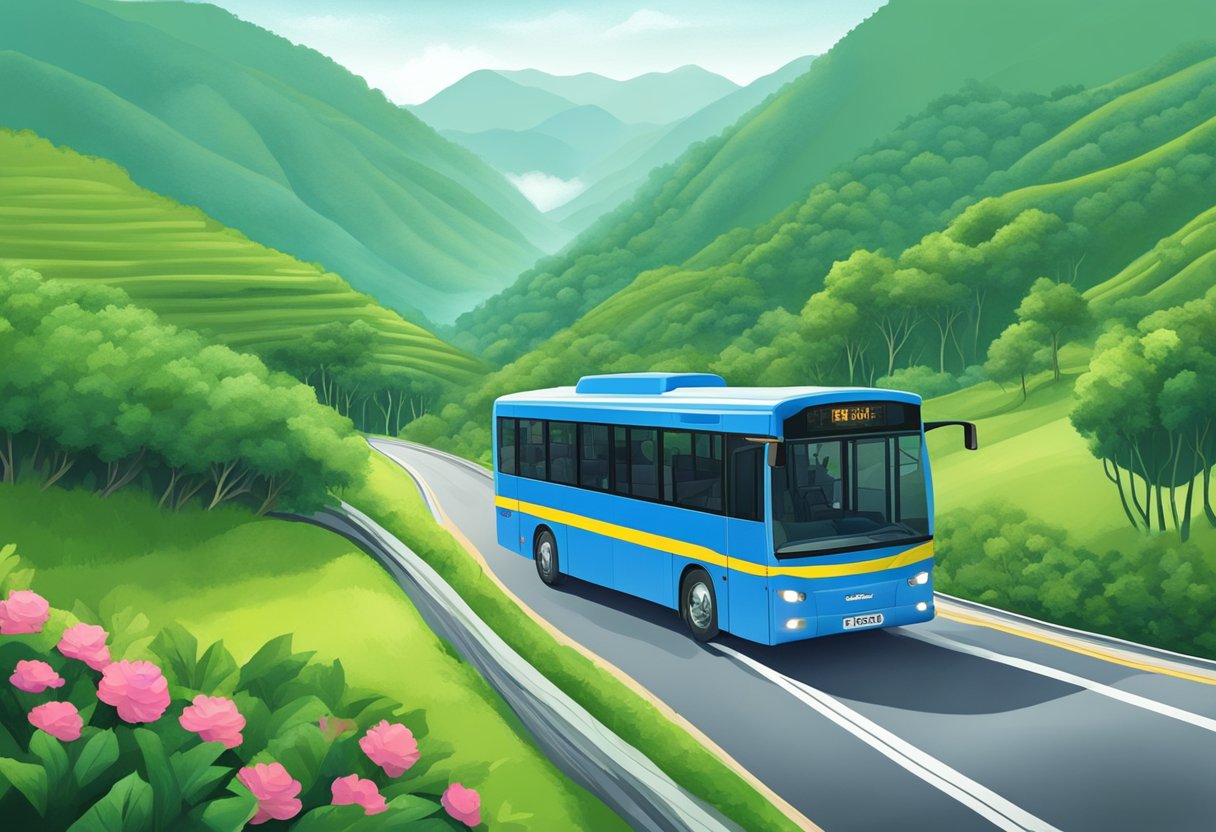 A bus departs from Singapore, traveling through lush green landscapes towards Cameron Highlands. The road winds through hills and valleys, with misty mountains in the distance