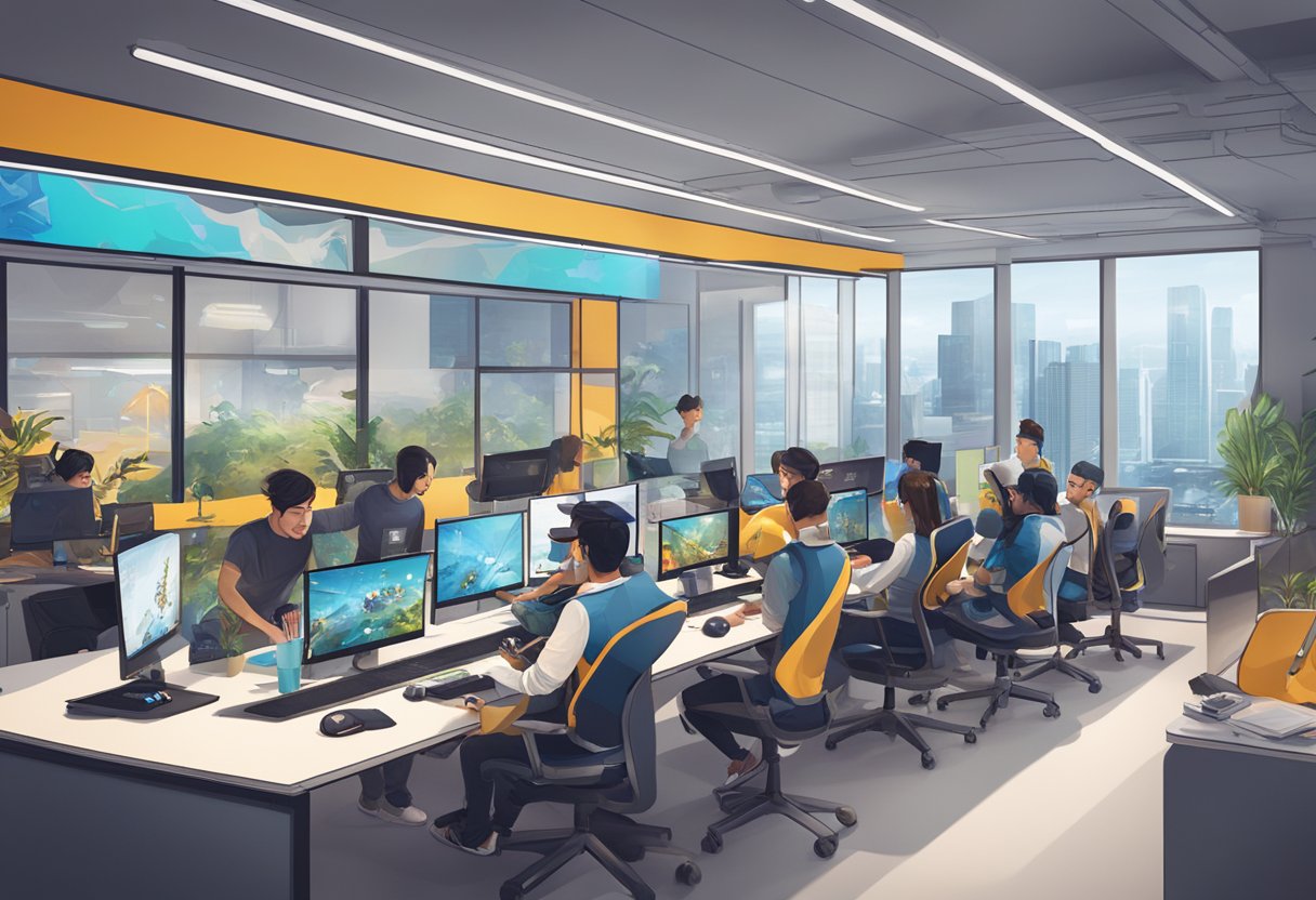 Ubisoft Singapore's team developing games in a modern, vibrant office setting, collaborating on innovative concepts and creating immersive gaming experiences