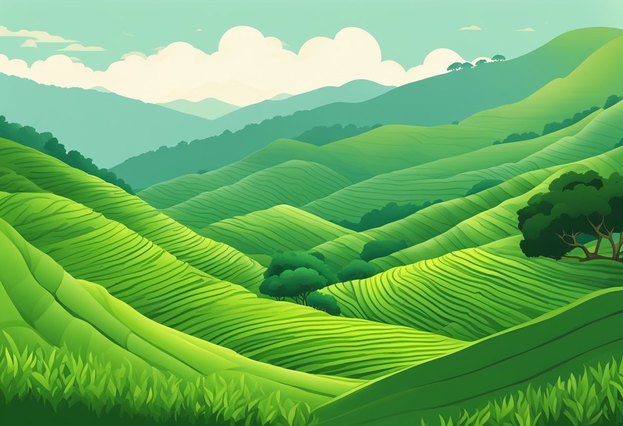 Lush green hills roll into the distance, dotted with vibrant tea plantations. A winding road cuts through the landscape, leading from Singapore to Cameron Highlands