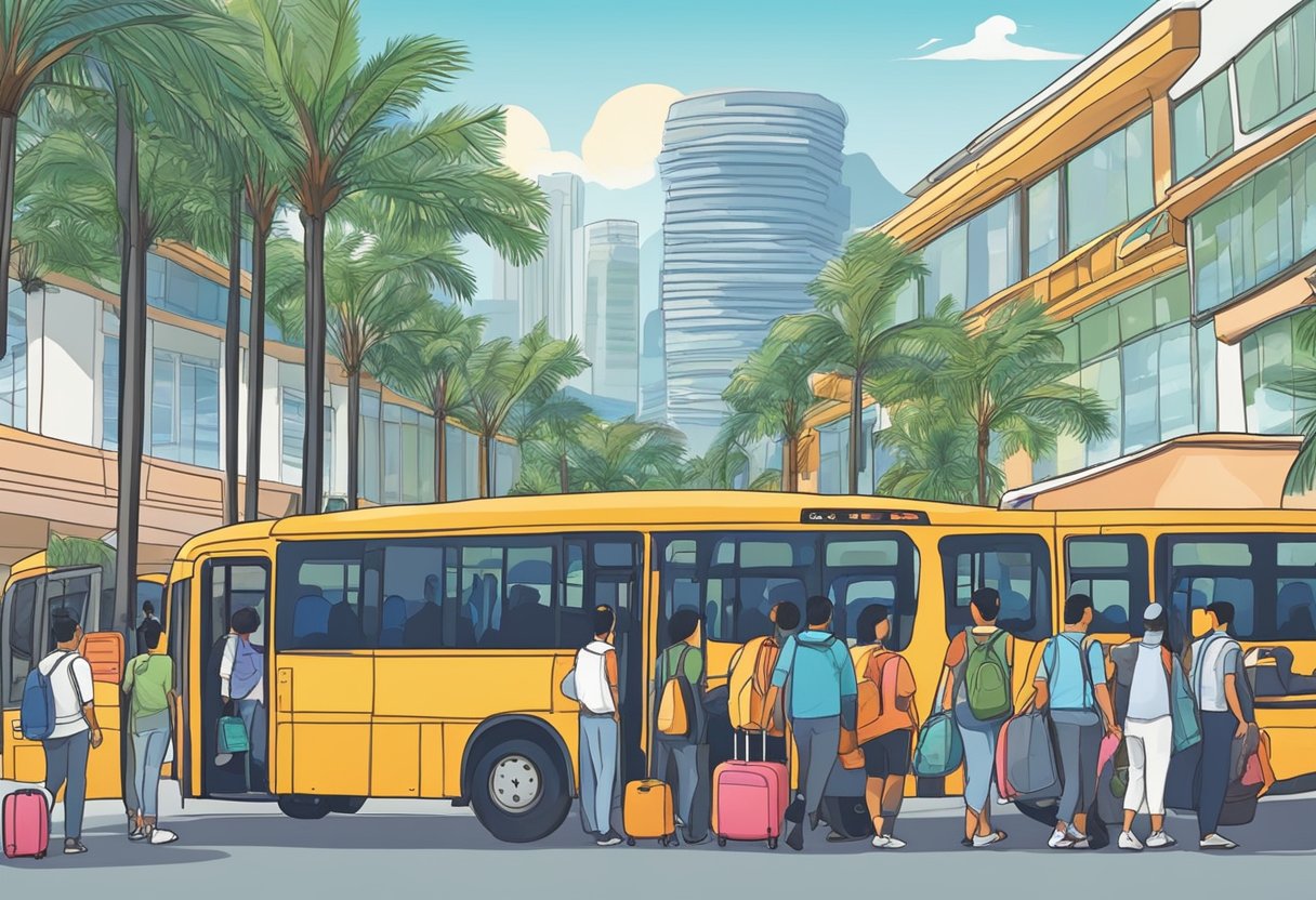 Passengers board a bus in Singapore, luggage in tow, heading to Cameron Highlands. The bus is parked in front of a bustling terminal, surrounded by palm trees and a clear blue sky
