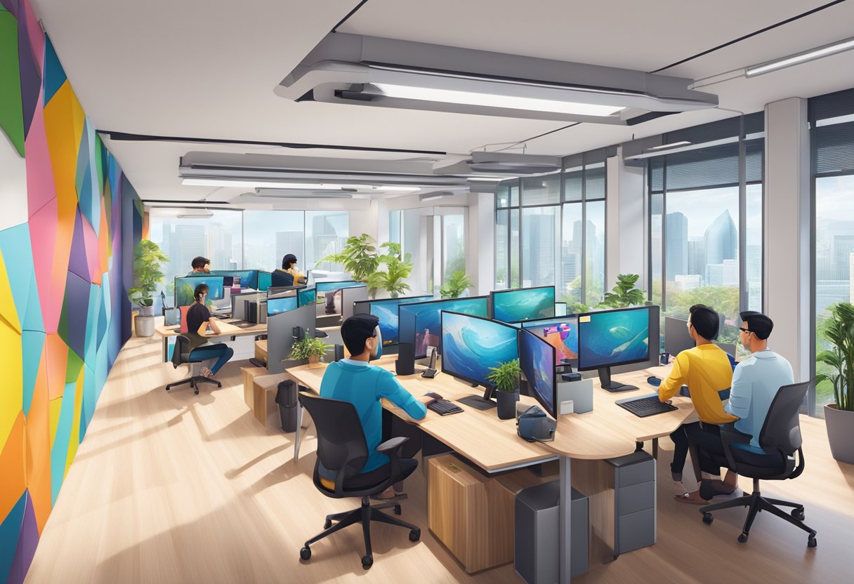 The vibrant workplace at Ubisoft Singapore features modern workstations, collaborative meeting areas, and colorful artwork reflecting the diverse and creative culture