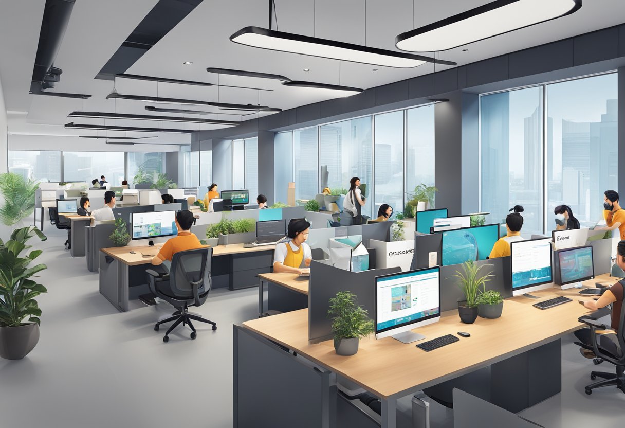 Ubisoft Singapore office with employees at work, FAQ signs displayed, and team members assisting visitors