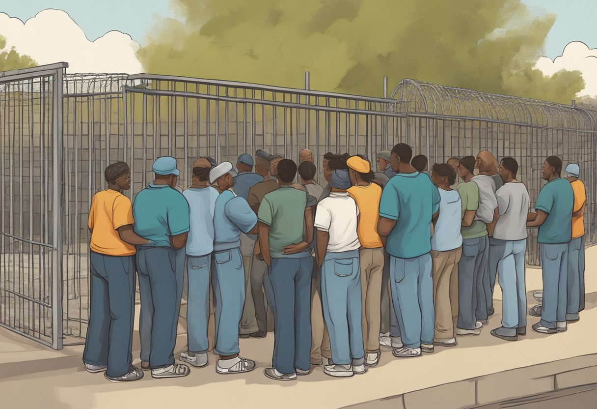 A group of individuals gather outside a prison, offering support and guidance to ex-offenders through letters and resources. The scene depicts a sense of community and compassion for those reentering society