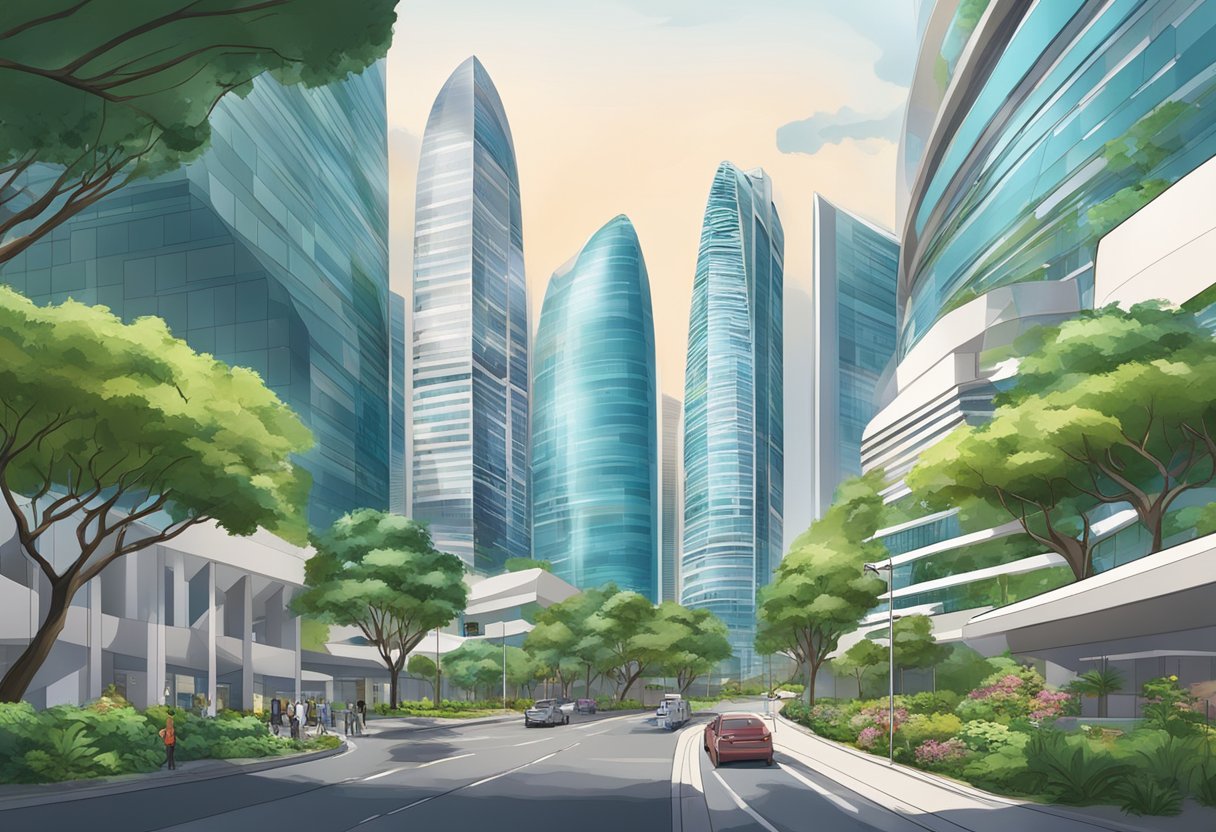 A bustling cityscape with modern architecture and greenery, featuring the iconic QTC Singapore building as the focal point