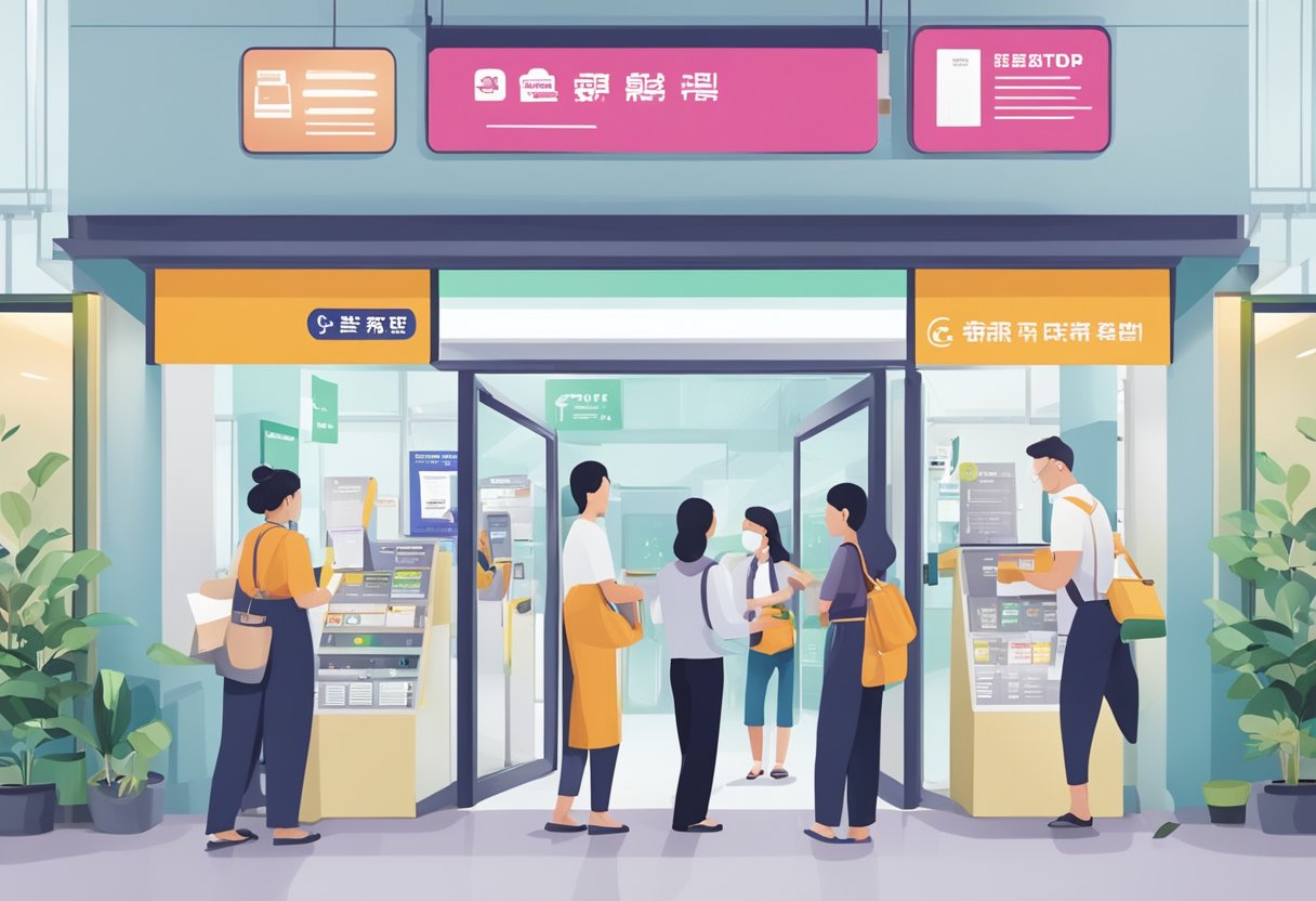A bustling Quick Test Centre in Singapore, with people entering and exiting, signage in multiple languages, and staff assisting customers