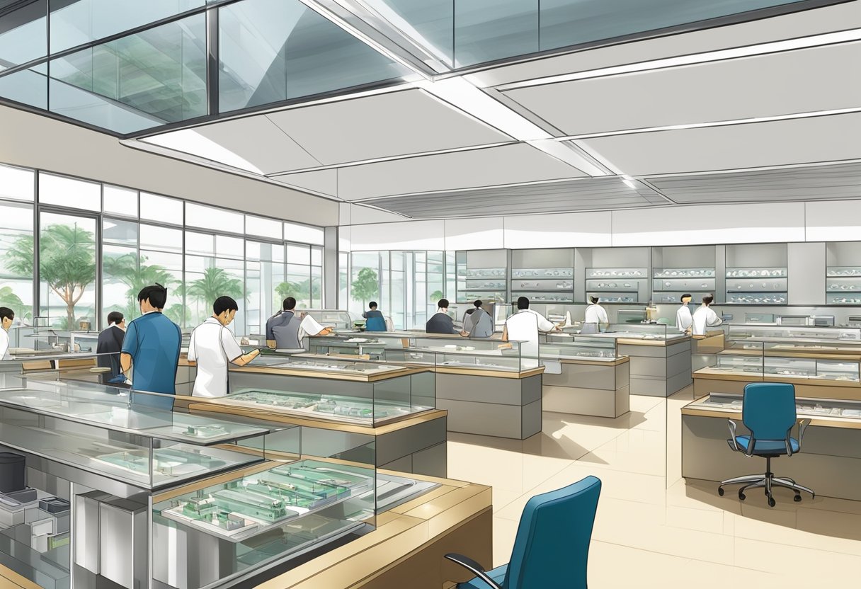 A brightly lit and modern Rolex service center in Singapore, with sleek display cases and professional watchmakers at work