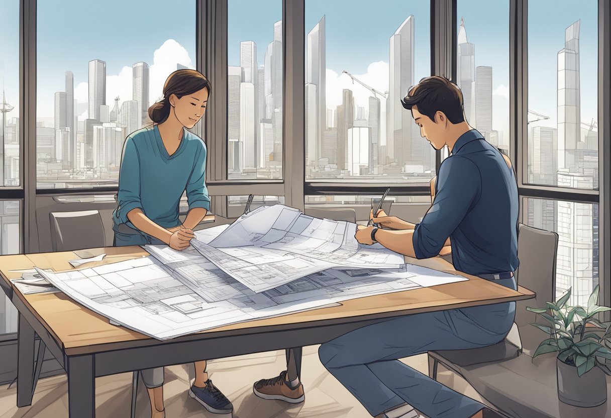 A couple sits at a table with blueprints, discussing their renovation plans. Tools and materials are scattered around, with a Singapore skyline visible through the window