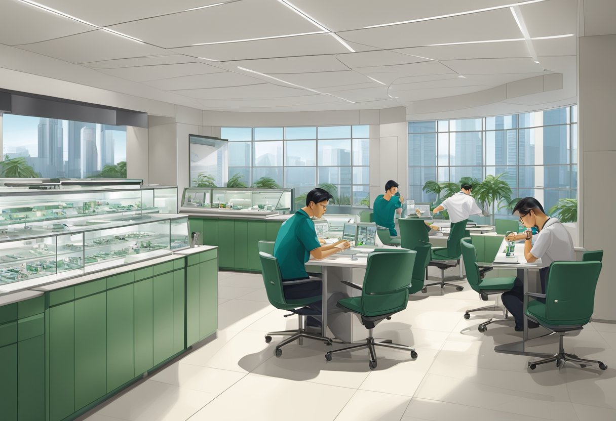 A sleek and modern Rolex service centre in Singapore, with professional technicians working on precision timepieces