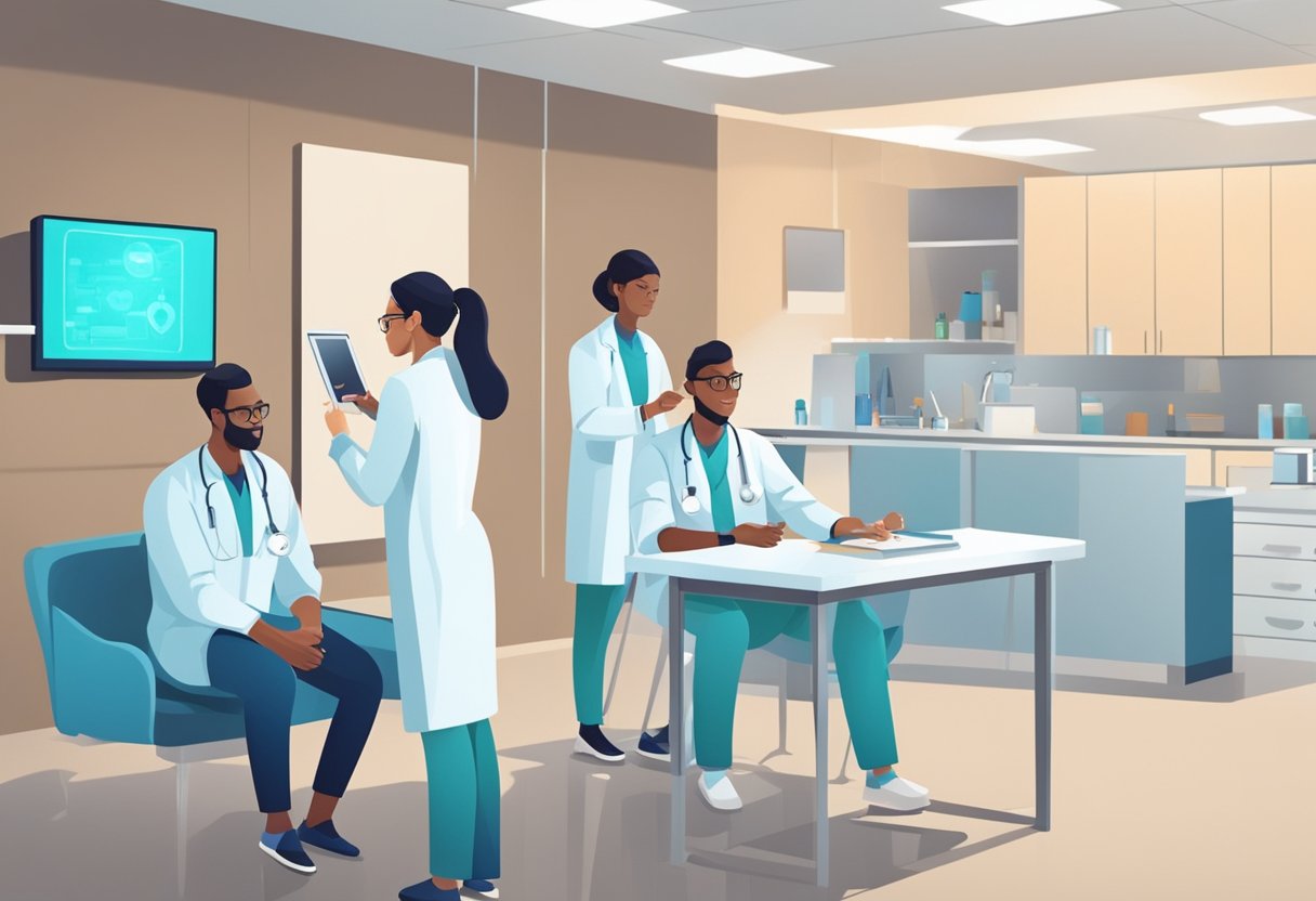 Healthcare professionals conducting tests in a modern clinic setting