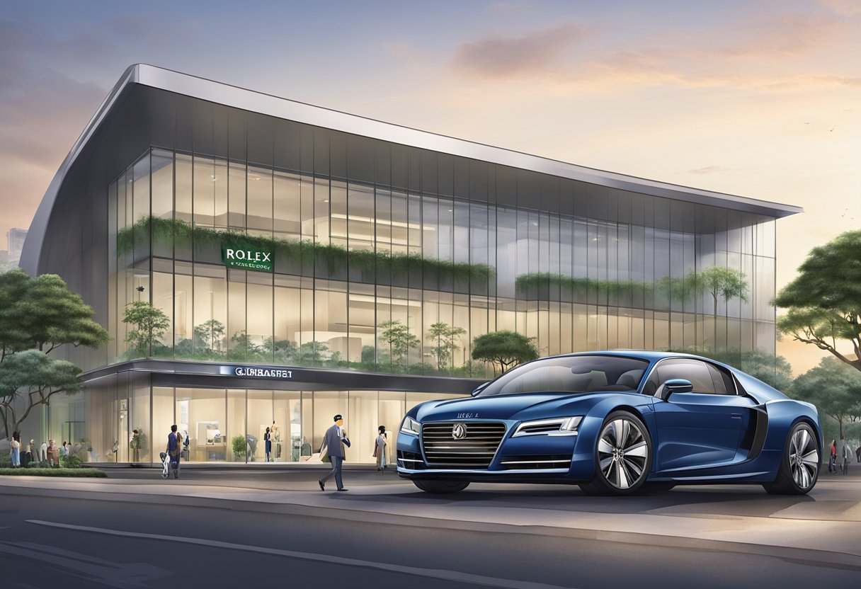 A sleek and modern Rolex service center in Singapore, with a prominent "After Service Care and Guarantee" sign displayed prominently