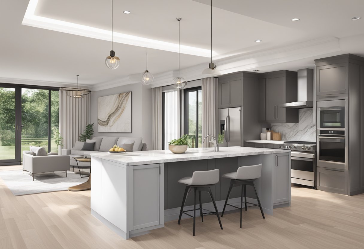 A modern, minimalist living room with clean lines and neutral colors. A sleek, open-concept kitchen with marble countertops and stainless steel appliances