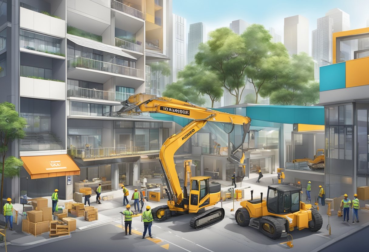 A bustling renovation site in Singapore with workers and equipment, surrounded by signage and FAQs