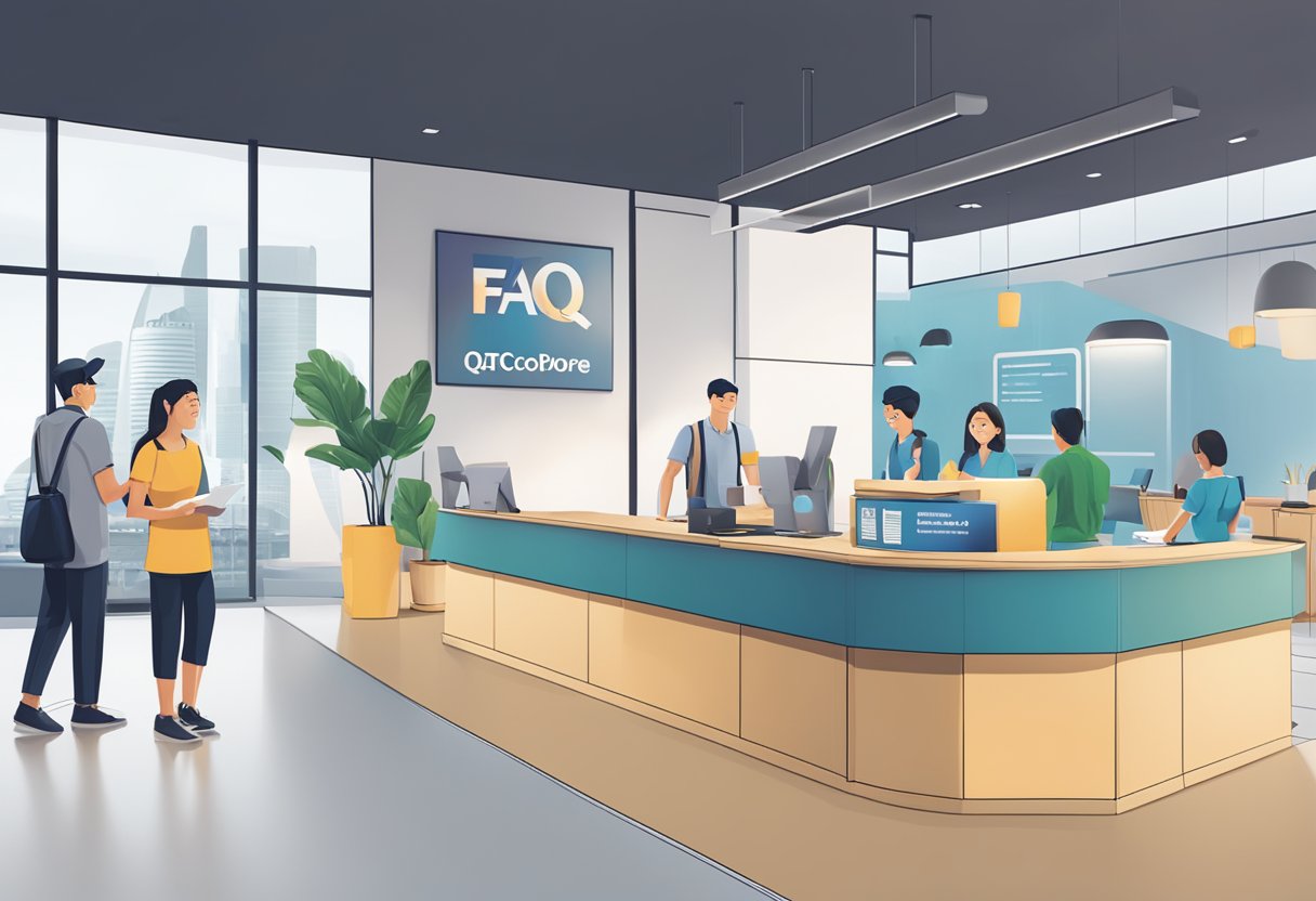 A stack of FAQ brochures with the QTC Singapore logo, a customer service desk, and people inquiring