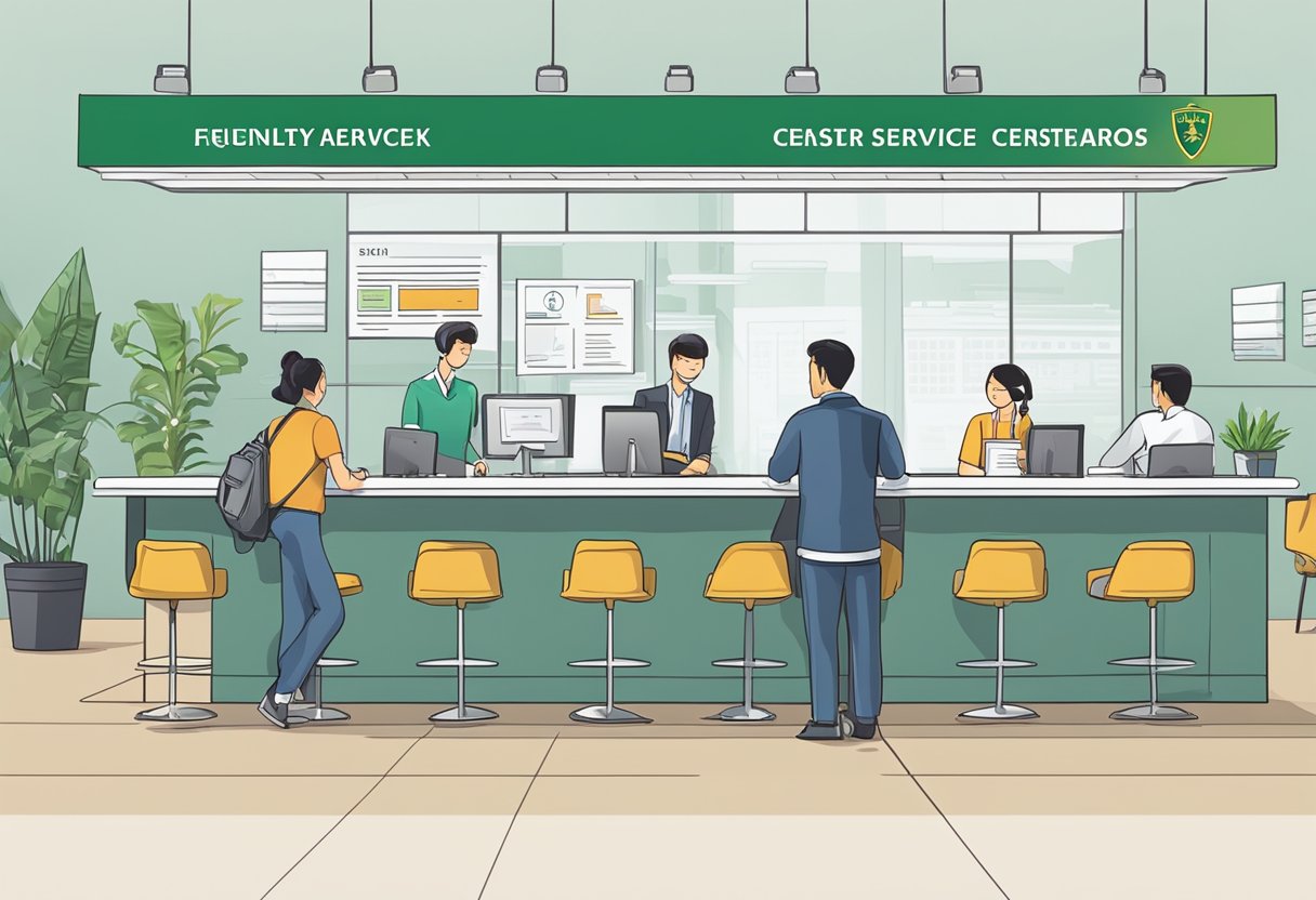 A customer service desk with a sign reading "Frequently Asked Questions Rolex Service Centre Singapore" and a line of people waiting for assistance