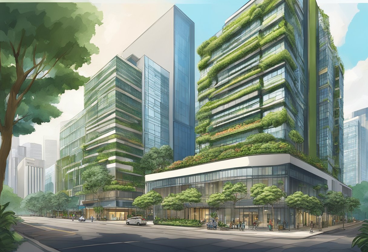 The Oasia Hotel Downtown Singapore stands tall on Peck Seah Street, with modern architecture and lush greenery surrounding the building