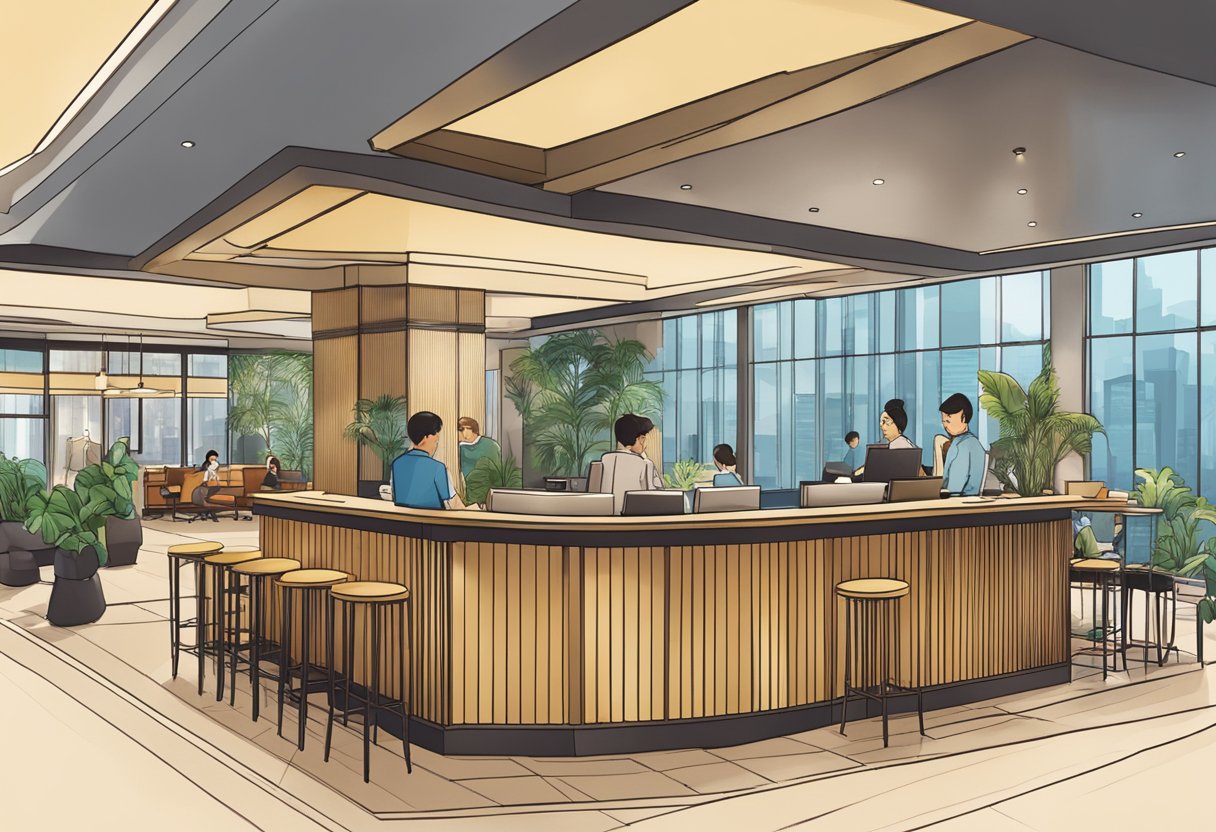 The bustling lobby of Oasia Hotel Downtown Singapore, with a prominent sign for the "Frequently Asked Questions" desk on Peck Seah Street