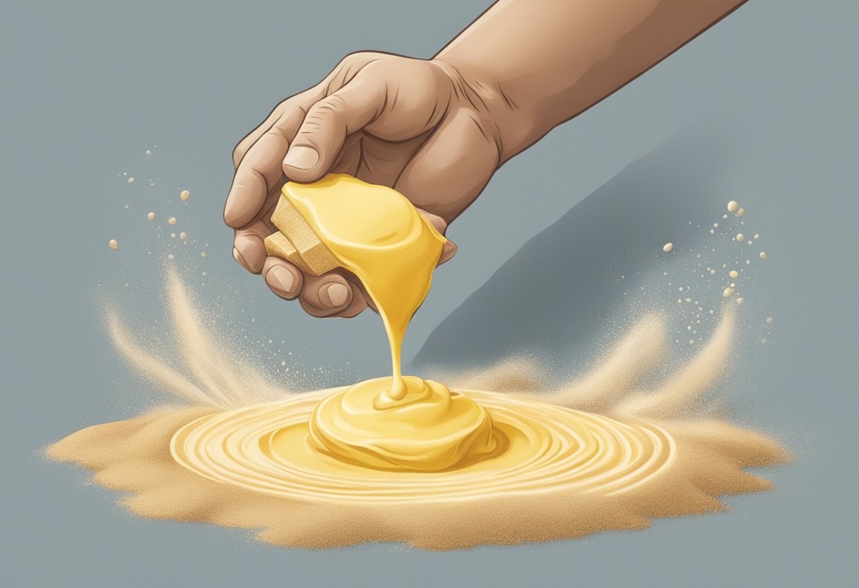 A hand presses butter onto sand in Singapore
