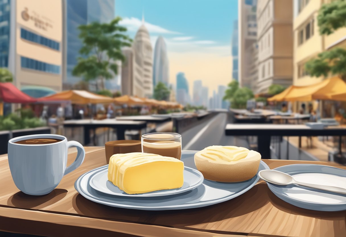 A table with a plate of Press Butter Sand, surrounded by a cozy cafe setting with a cup of coffee and a view of Singapore's bustling streets