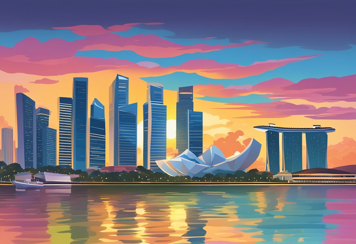 The iconic skyline of Singapore, with its towering skyscrapers and the majestic Marina Bay Sands, set against a backdrop of a vibrant sunset and reflecting in the calm waters of the bay