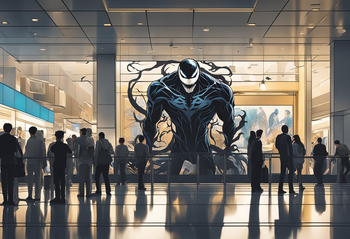 "Venom 2" release date in Singapore is depicted with the movie poster displayed prominently in a crowded theater lobby