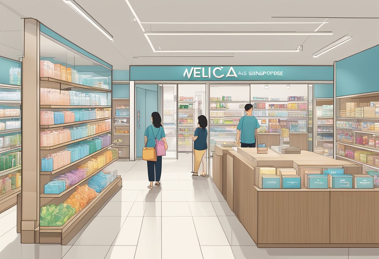 Welcia Singapore store locations and services depicted with clear signage, shelves stocked with products, and friendly staff assisting customers