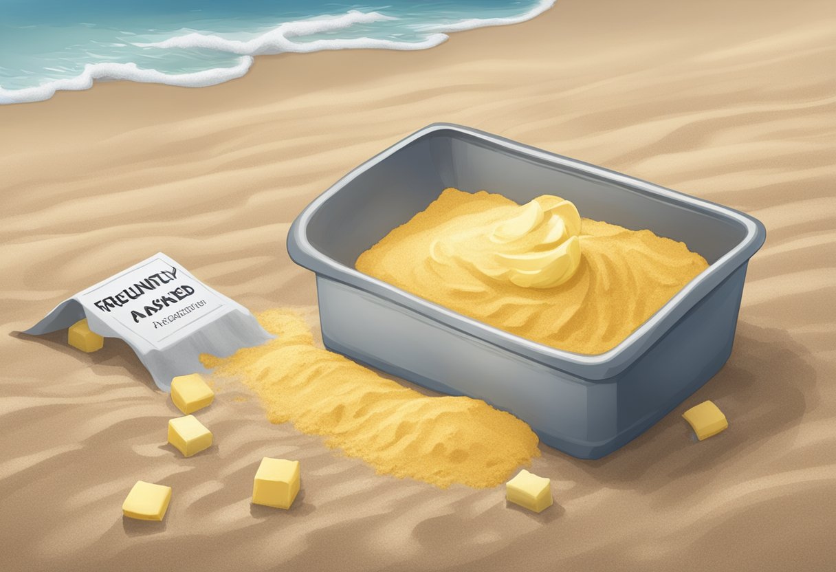 Butter is spread on sand in Singapore, with a sign reading "Frequently Asked Questions" nearby