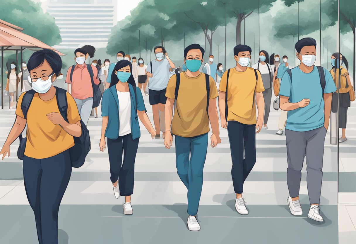 People in Singapore wearing masks, keeping distance, and following safety protocols in public spaces