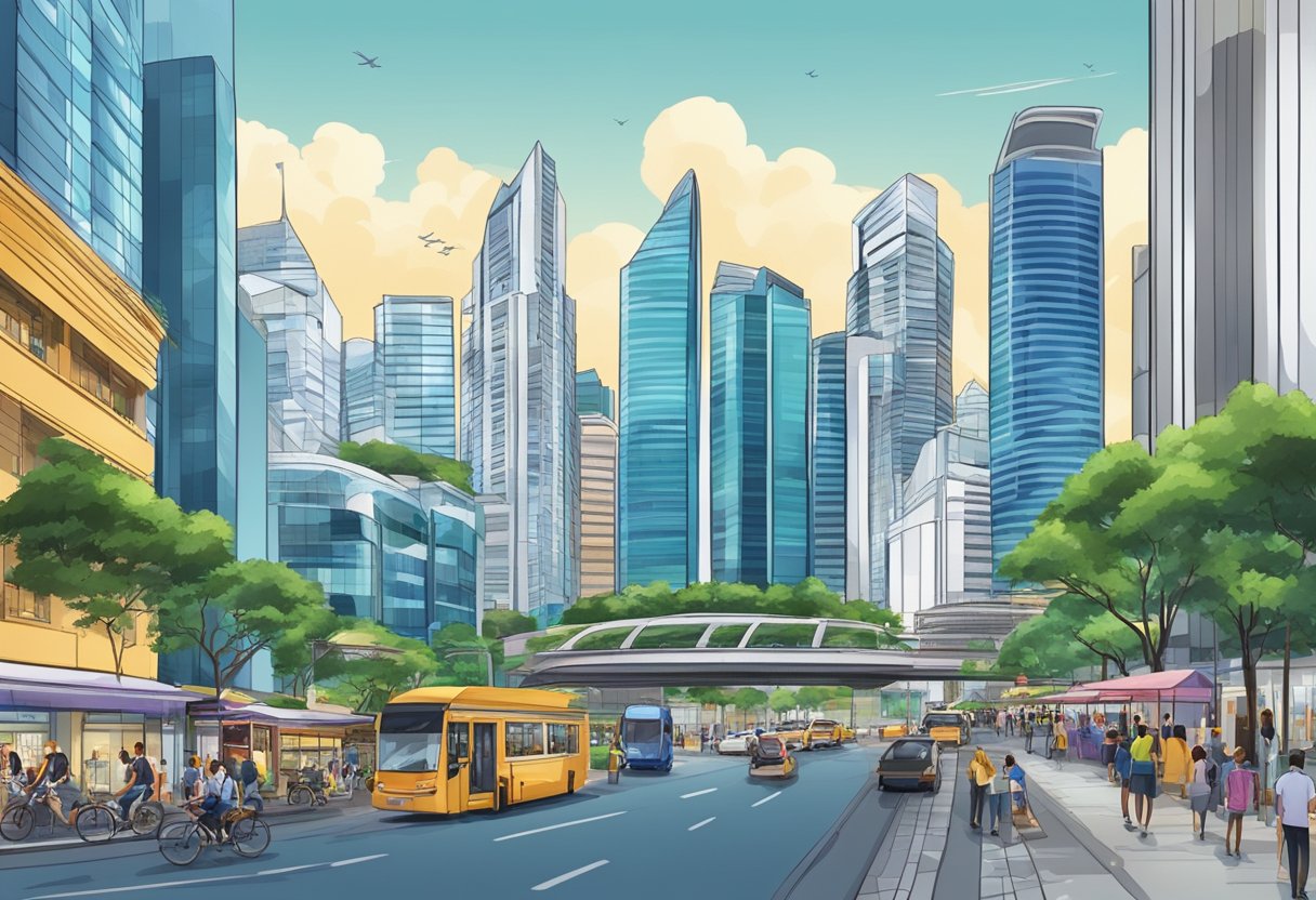 A bustling cityscape of modern buildings and vibrant street life in Singapore's central business district