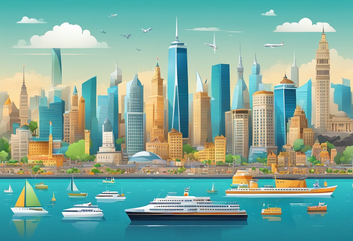 A bustling city skyline with iconic landmarks, crowded streets, and vibrant tourist attractions, surrounded by bustling ports and a thriving economy