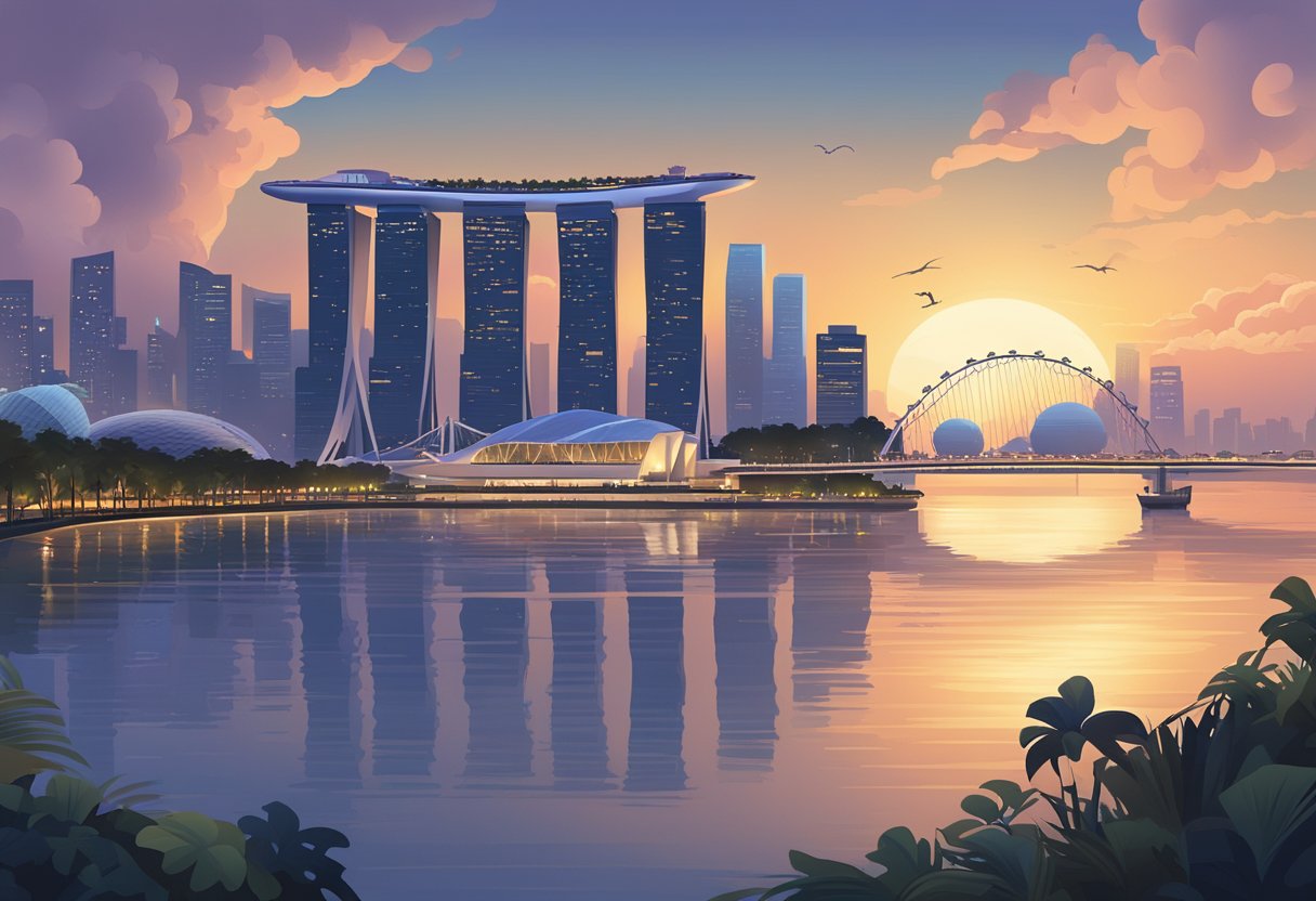 Singapore skyline at dusk, with iconic landmarks like Marina Bay Sands and the Singapore Flyer, creating an atmosphere of anticipation for the release of Venom 2