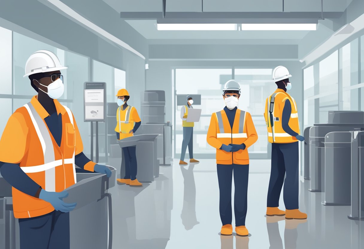 Workers wearing masks, maintaining safe distance, following directional signage in a well-ventilated, sanitized workplace with limited capacity
