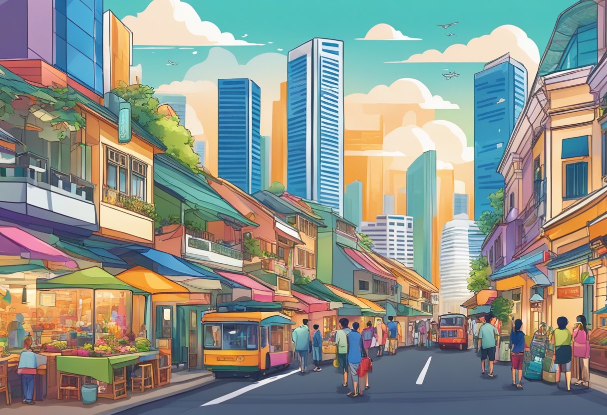 Vibrant street scene in Singapore with colorful buildings, bustling markets, and iconic landmarks like the Marina Bay Sands