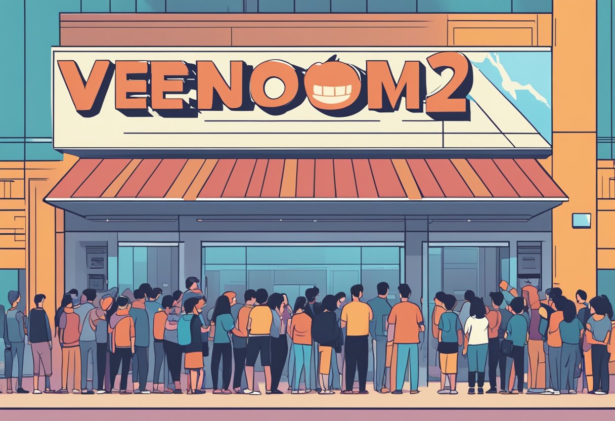 A crowd of people eagerly waiting in line at a movie theater, with a large sign displaying "Venom 2 Release Date Singapore" above the entrance