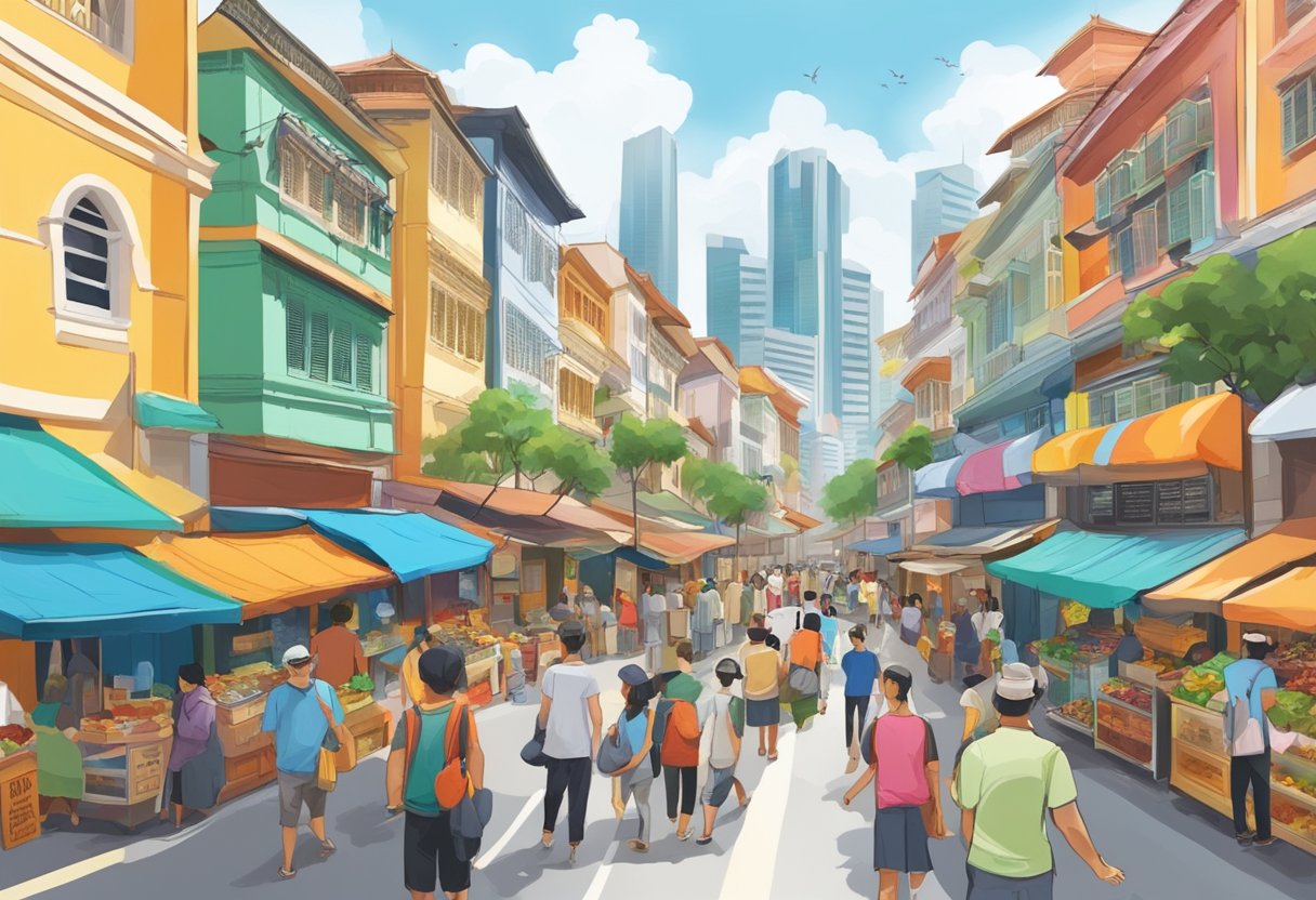 A bustling street in Singapore, with colorful buildings and bustling markets, filled with the aroma of exotic spices and the sound of chatter in multiple languages